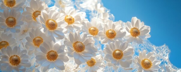 Numerous white daisies against a bright blue sky background scene