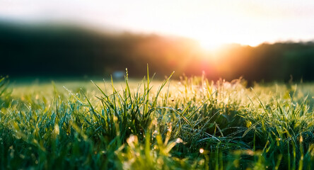 Dewy grass in the morning sunlight. Golden hour illuminates a field with blurred trees in the background, creating a peaceful and serene scene.