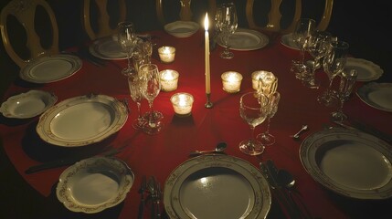 Elegant table setting with candles, plates, and soft lighting for a cozy dining experience