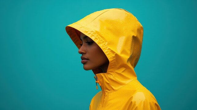 A vibrant yellow raincoat, a splash of color against a backdrop of azure and sunny yellow hues, ready to shield against any shower.