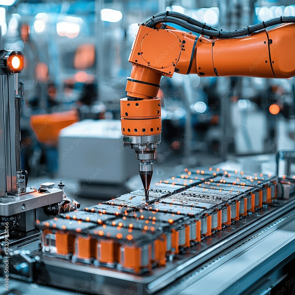 Poster high-tech robotic arm performing precision work on a sophisticated machine in a modern factory setti