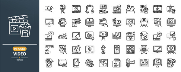 Video vector line icon set. Contains linear outline icons like Cinema, Entertainment, Camera, Play, Pause, Media, Movie, Broadcast Live, Screen, Streaming, Television. Editable use and stroke. 