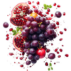 Grapes and Pomegranate Seeds Bursting on Black Isolated on Transparent Background