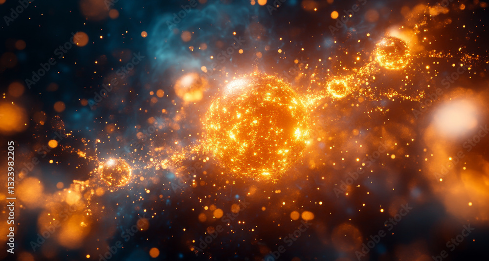 Leinwandbilder Particles interact within a vibrant cosmic setting, exhibiting behaviors of superposition and entanglement. The scene illustrates principles of quantum mechanics through glowing, dynamic elements.
