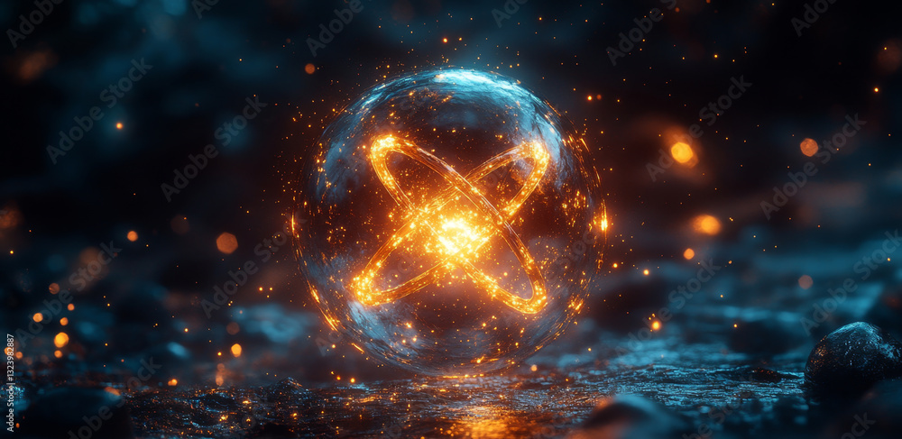 Poster A glowing orb embodies key quantum computing concepts such as superposition and entanglement.