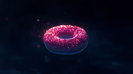 A vibrant pink donut with glowing sprinkles levitates against a dark background. The 3D render showcases neonlike effects,