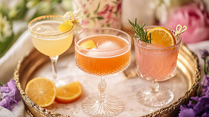 Luxurious Cocktail Tray, Crystal Glass,  Citrus Garnishes and Floral Accents - 300 DPI 