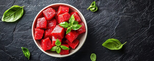 Vibrant Beef Preparation: Juicy Cubes of Tender Meat, Rich in Nourishing Protein, Ready to Elevate Your Meal with Quality Nutrition