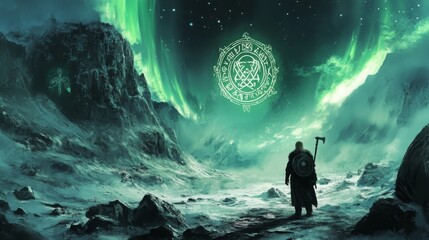 Viking walking on snowy rocky terrain