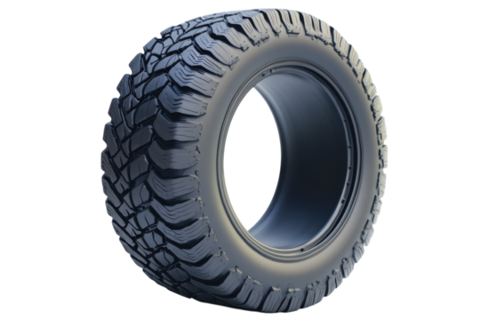 A rugged off-road tire with intricate tread patterns for adventure lovers isolated on transparent background