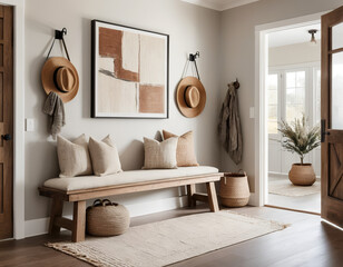 farmhouse, rustic interior home design of modern hall, home, rustic entryway with wooden bench, neutral decor, textured cushion, and abstract art in a warm, welcoming space 