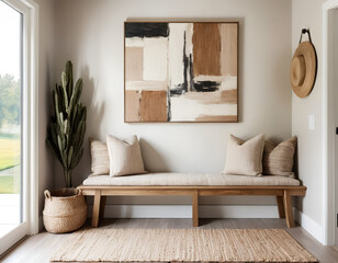 farmhouse, rustic interior home design of modern hall, home, rustic entryway with wooden bench, neutral decor, textured cushion, and abstract art in a warm, welcoming space 