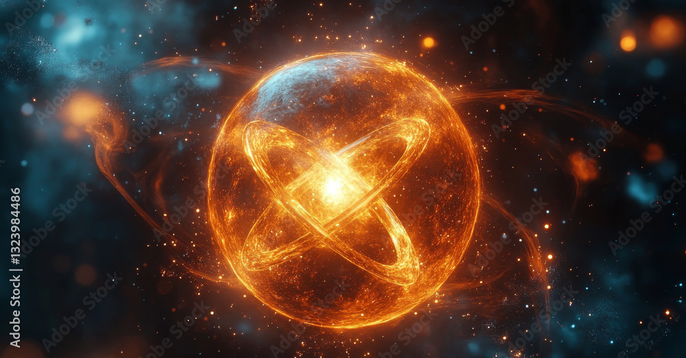 Fototapete A striking display of a glowing atomic structure amidst swirling energy patterns suggests the complex interactions of quantum mechanics. The visualization emphasizes superposition and entanglement.