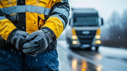A truck driver's uniform with gloves on a plain road background