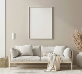 A minimal living room interior with a beige sofa. a large white picture frame. a throw blanket. and a wicker basket