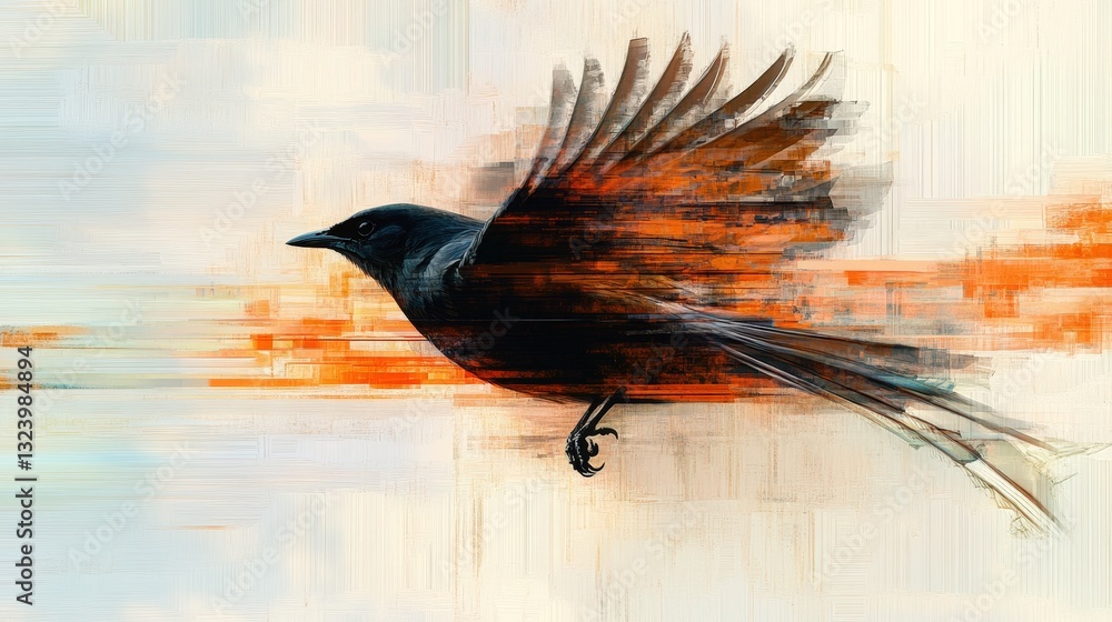 Poster a bird mid-flight, but its wings appear to have multiple layers, trailing behind like a glitch in ti