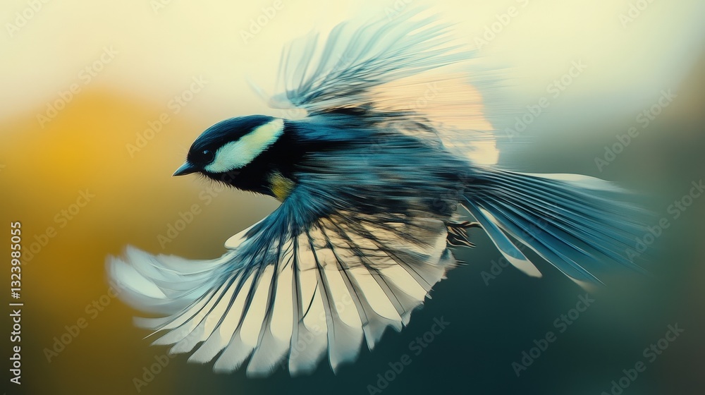 Poster a bird mid-flight, but its wings appear to have multiple layers, trailing behind like a glitch in ti