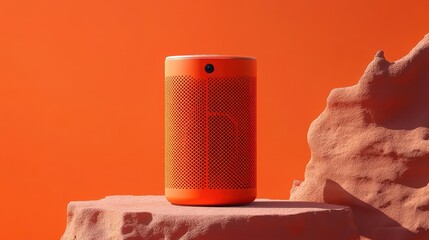 Obraz premium A vibrant orange background served as the backdrop for a portable Bluetooth speaker, its sleek design and vibrant orange hue radiating energy and modernity.