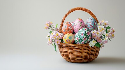 Painted Easter Eggs: Close-up Detail of Vibrant, Spring-Colored Masterpiece Inside a Delicate Easter Basket with Abundant Copy Space on a Clean White Background.