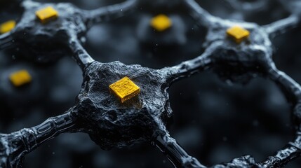 Abstract Neural Network  Gold Cubes on Dark Nodes
