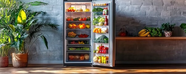 Silver Refrigerator Shelf Fully Open Inside, Door Ajar, Lots of Food on Full Display