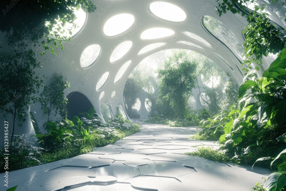 Poster lush greenery and organic architecture create a tranquil pathway in a futuristic setting