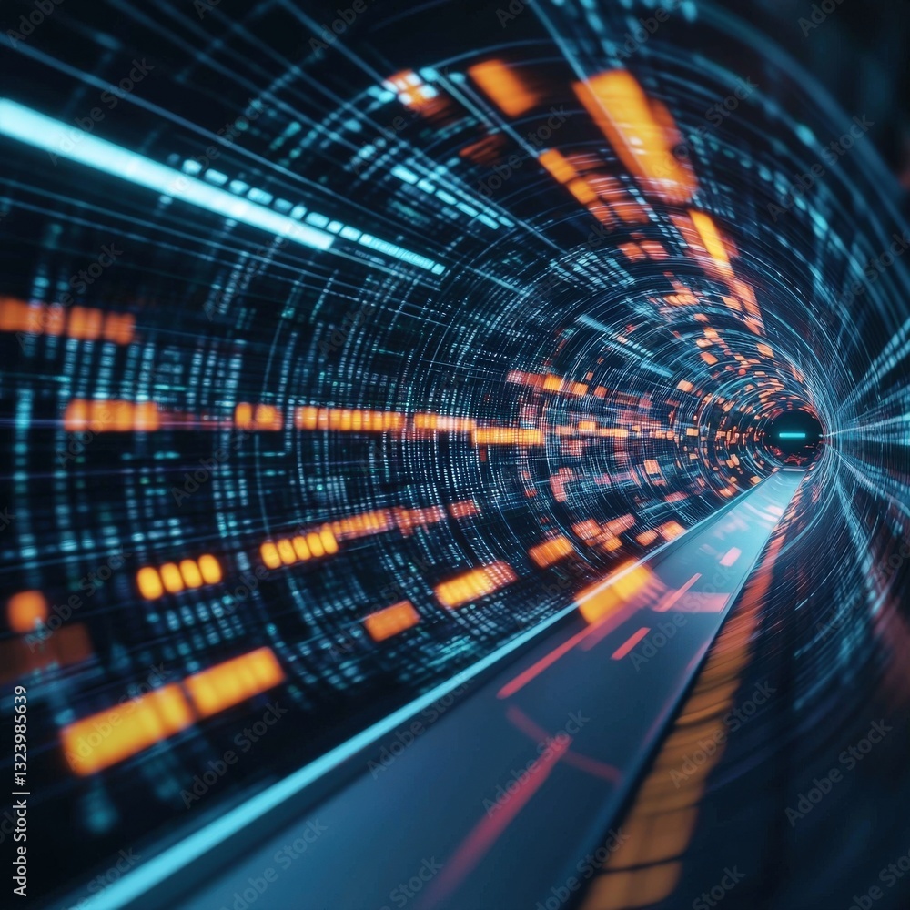 Poster a simulation of a hyperloop transporting goods between cities, depicted as a hologram.