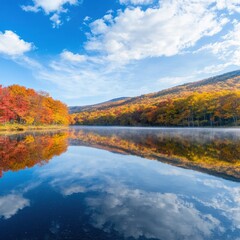 Fototapeta premium A serene lake surrounded by autumn foliage.