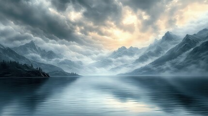 Naklejka premium Serene Mountain Lake Landscape Dramatic Cloudscape at Sunrise