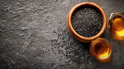Authentic Asian Flat Lay: Top View Black Sesame Oil, Wooden Bowl, Blank Space with Black Sesame Seeds & Spoon on Warm Background