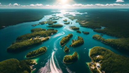 Speedboat creating waves through the thousand islands region in ontario, canada