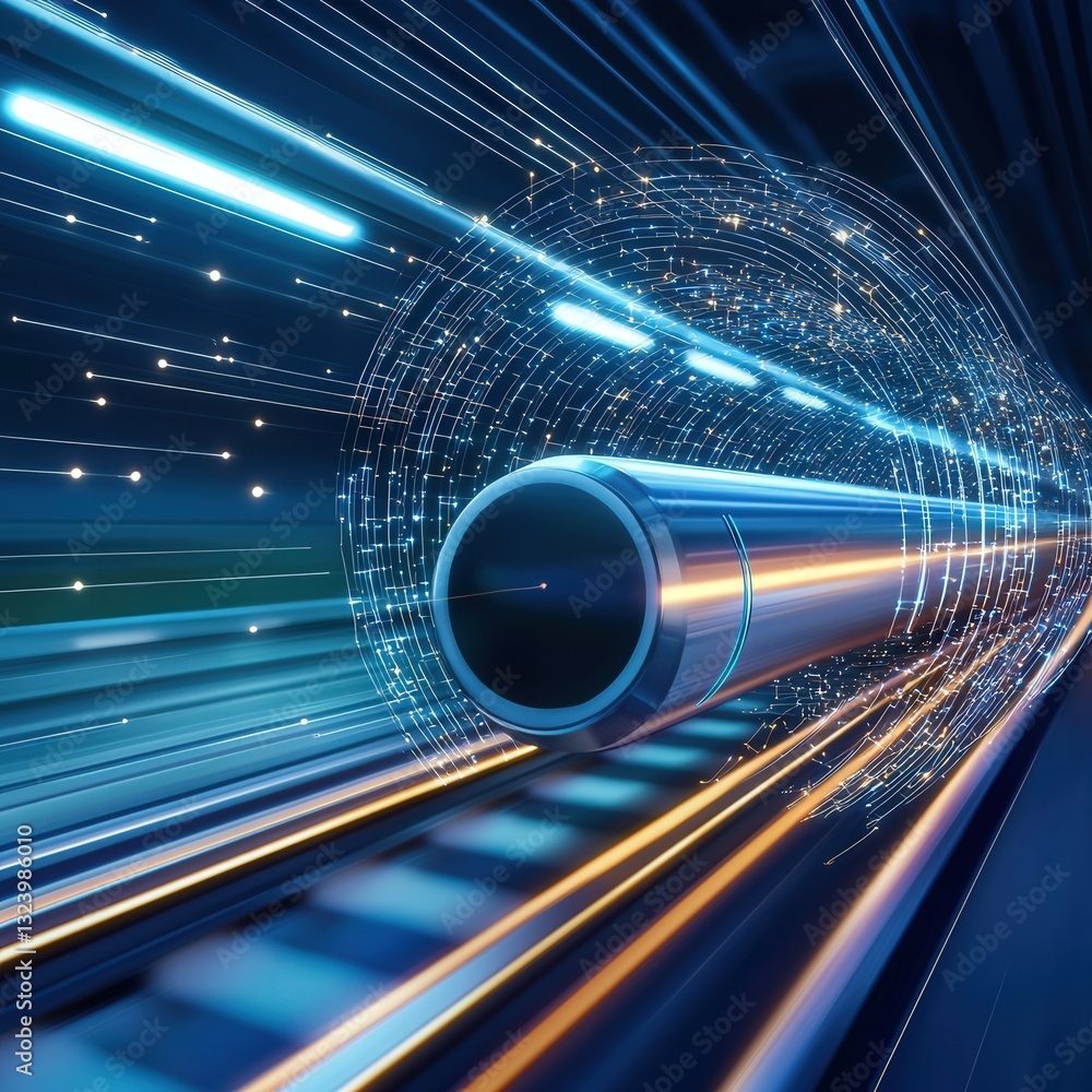 Poster a simulation of a hyperloop transporting goods between cities, depicted as a hologram.