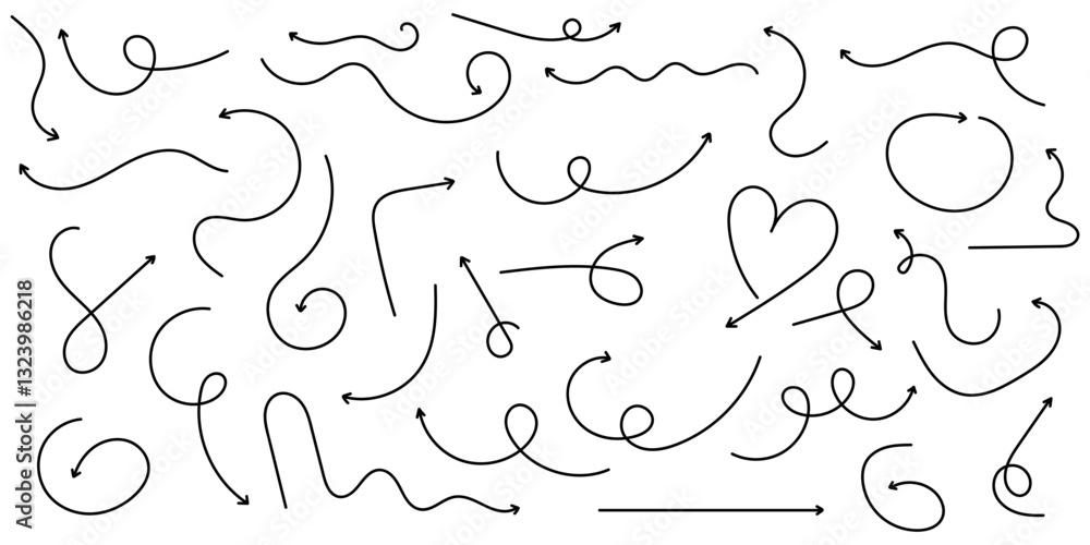 Poster set of simple lines in different directions. set of simple black arrows. sets of simple hand drawn l