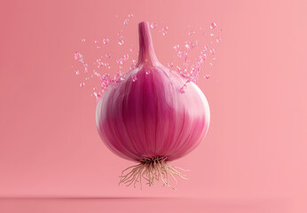 Vibrant red onion with water splash on pink background, capturing the freshness and healthiness of this flavorful vegetable, showcasing its culinary uses and healthy eating