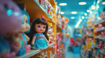 Naklejka premium A bright toy store filled with smiling dolls, but one doll blinks when no one is looking
