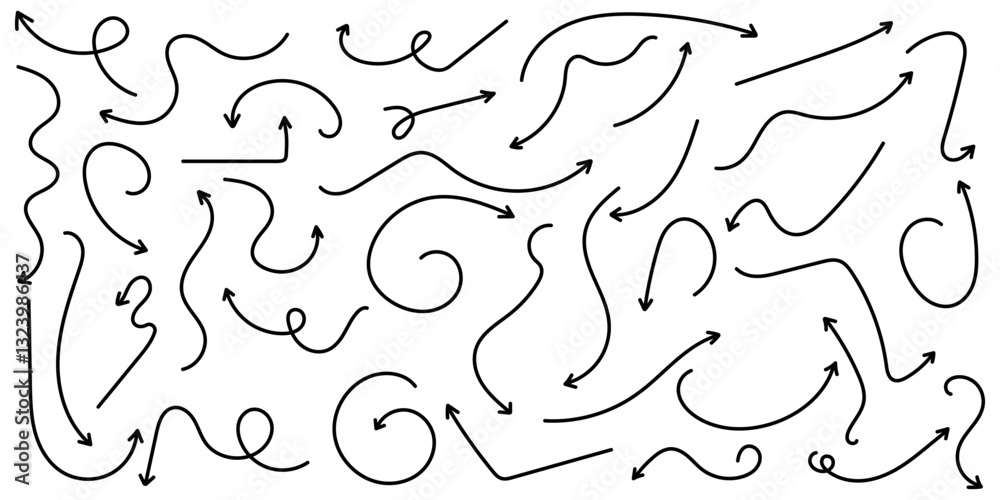 Poster set of simple lines in different directions. set of simple black arrows. sets of simple hand drawn l