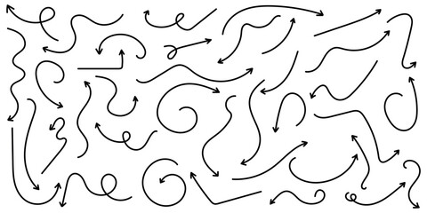 Set of simple lines in different directions. Set of simple black arrows. Sets of simple hand drawn lines with black arrows.