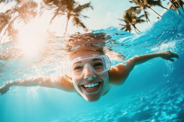 Fototapeta premium Joyful swimming experience of a blonde woman in a shimmering blue pool on a sunny day with palm trees swaying gently above