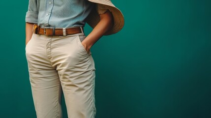 A zookeeper's khakis and hat on a plain jungle green background 