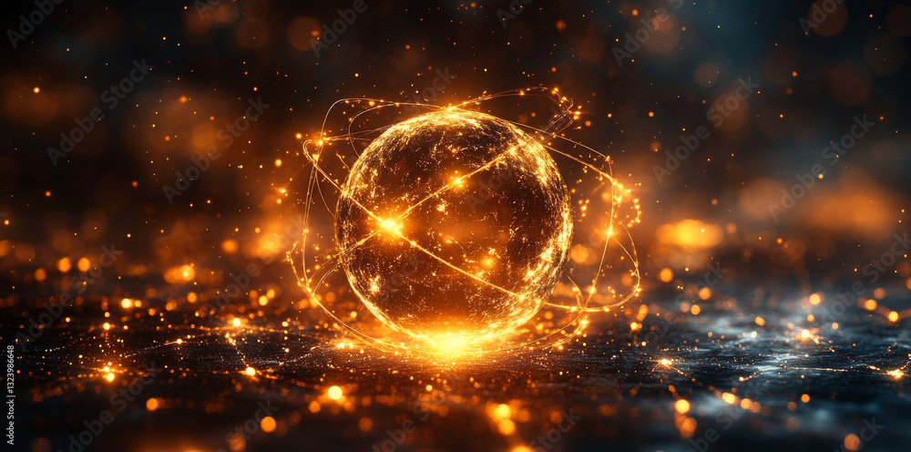 Aufkleber A digital representation showcases a glowing sphere surrounded by dynamic particles, symbolizing quantum phenomena like superposition and entanglement in computing.