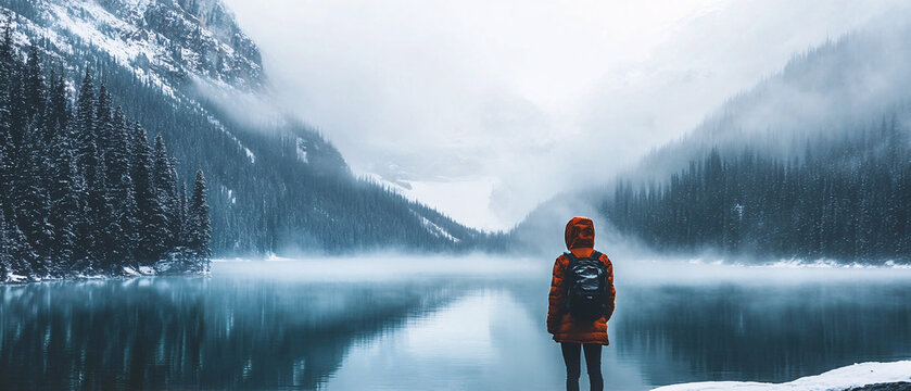 A lone traveler in a red jacket stands at the edge of a still lake surrounded by misty mountains and pine trees in a cold serene landscape

