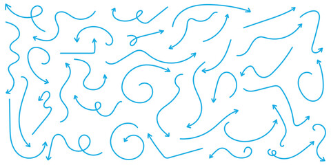 Hand drawn arrow vector icons set. Set of simple lines hand drawn blue arrows in various style. Set of simple of hand drawn blue arrows. Set of simple lines hand drawn blue arrows.