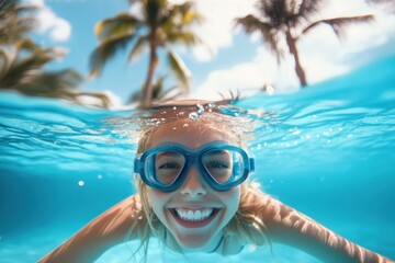 Naklejka premium Joyful summer moments captured underwater with a blonde woman smiling in a sunlit pool surrounded by palm trees