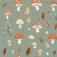 cute natural tones mushroom and tiny leafs illustration warm tones seamless pattern design on light sage forest green, 