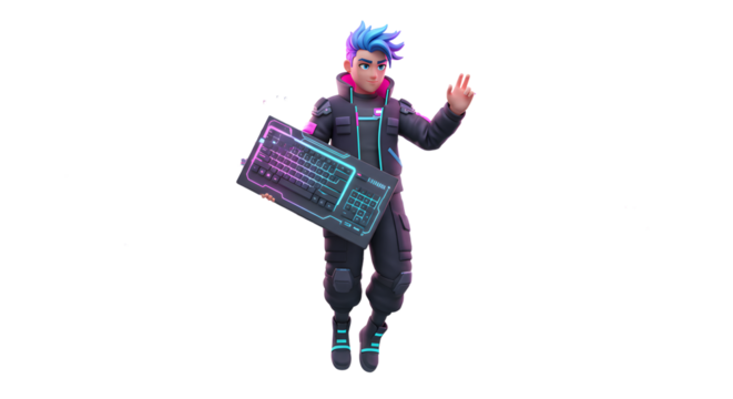 Stylized 3D Character Holding a Neon Keyboard Ready for Competitive Gaming