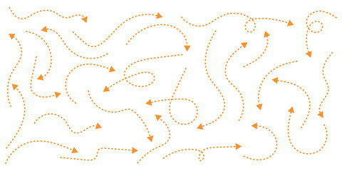 Hand drawn curved, doodle, and zigzag dotted arrow collection. Simple directional lines in orange color. Hand drawn arrows icons vector design. Swirls arrows doodle lines icon set