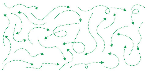 Simple lines, hand-drawn green arrows set in various styles. Hand-drawn curved, doodle, and zigzag dotted arrow collection. 