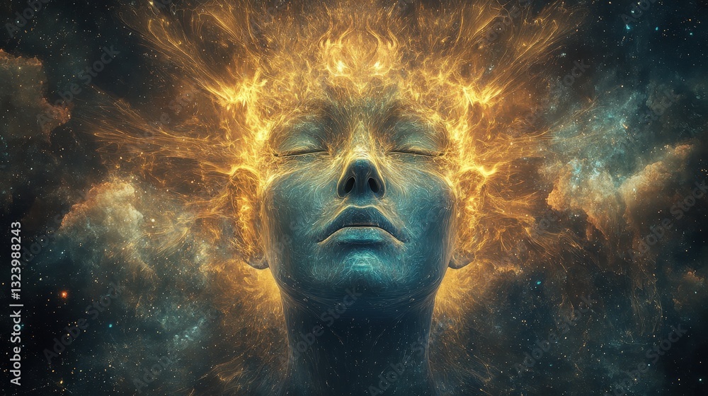 Poster a celestial being with a face that warps slightly inwards, yet its mirrored structure creates an oth