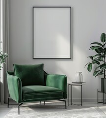 A modern living room with a green velvet armchair. a black framed picture. and a small table with a vase