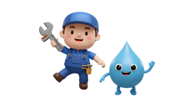 Plumber Cartoon Character with Wrench and a Water Drop Character on White